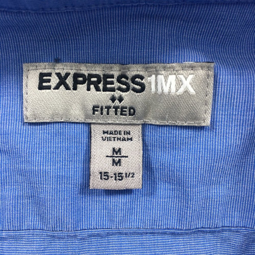 Express 1MX Mens 15-15.5 Blue Fitted Cotton Blend Button Up Collared Dress Shirt - Picture 2 of 8